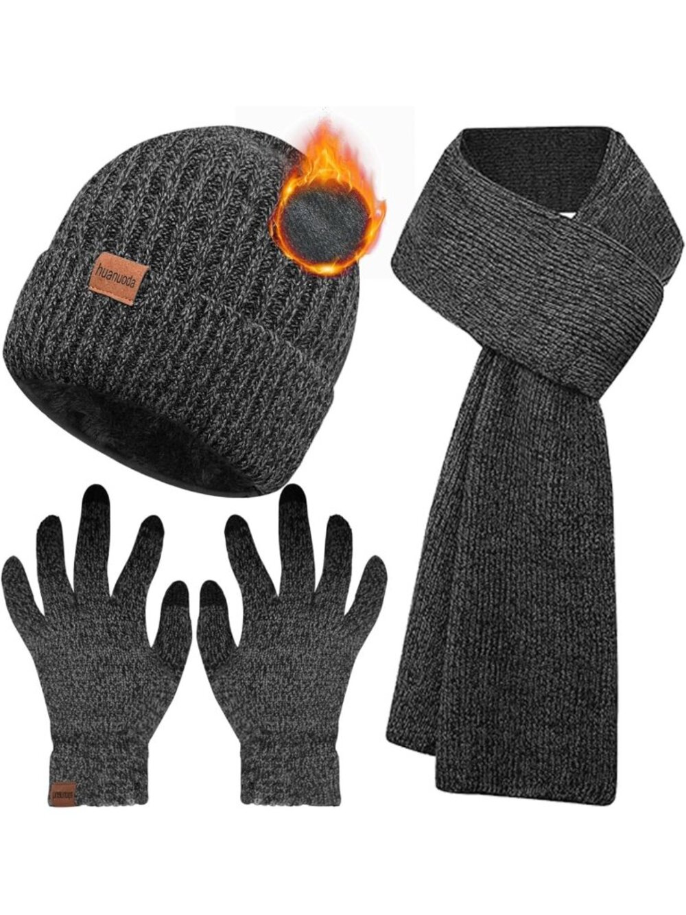 Cozy 3PC Winter Set: Knitted Beanie, Fleece-Lined Scarf & Touchscreen Gloves